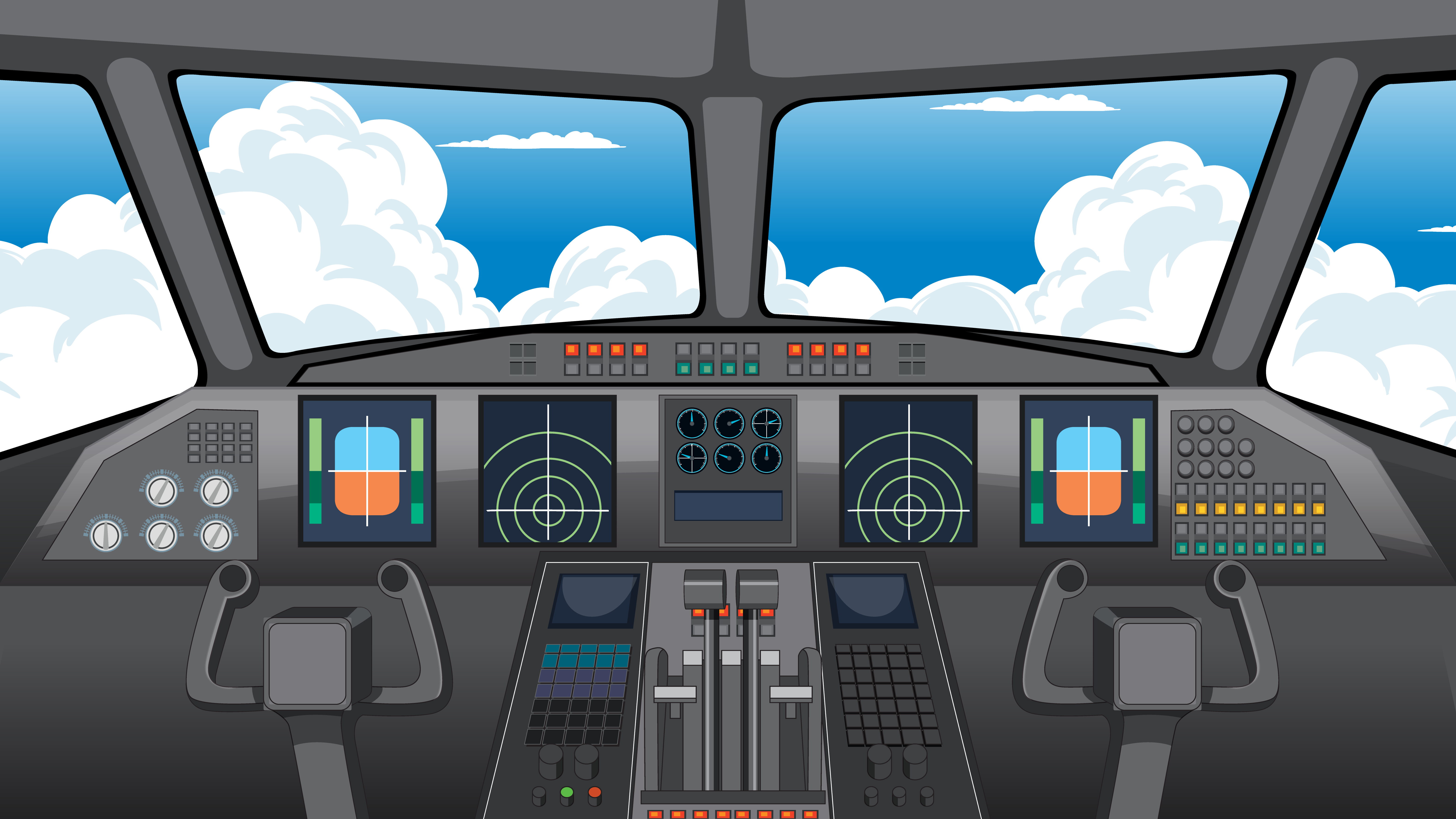 Ein Cockpit bzw. das Armaturenbrett einer Boeing 747 mit vielen Knöpfen und Hebeln im Illustrierten Style.