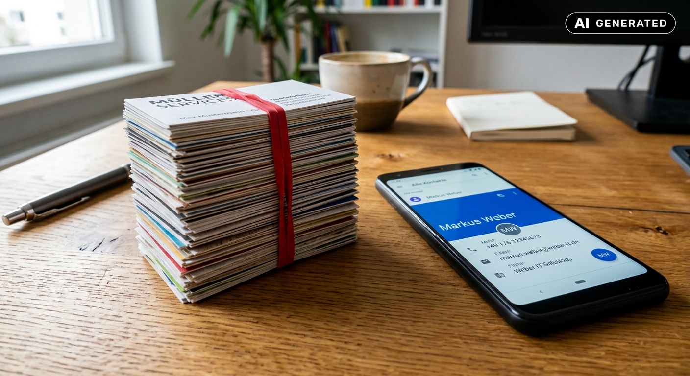 Stapel Visitenkarten mit Gummiband neben einem Smartphone
